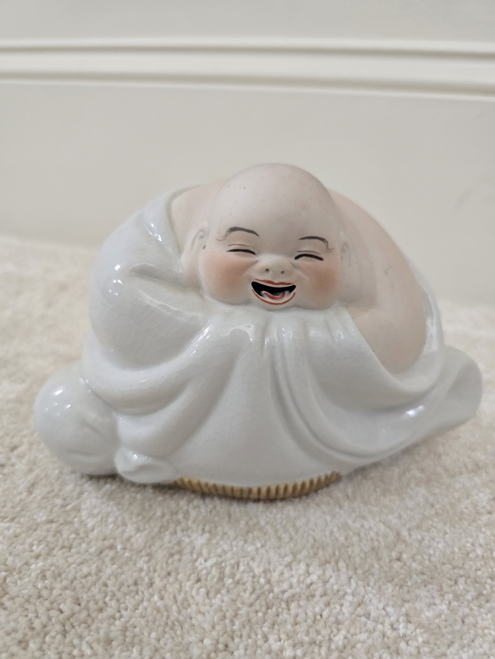 Vintage Smiling Ceramic Buddha Figurine in White and Blush